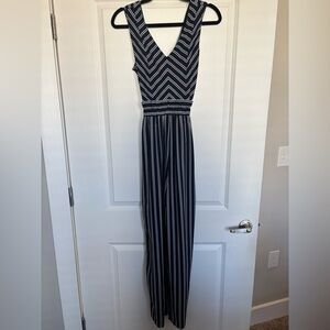 Monteau Navy & White Striped Jumpsuit With Tie Waist